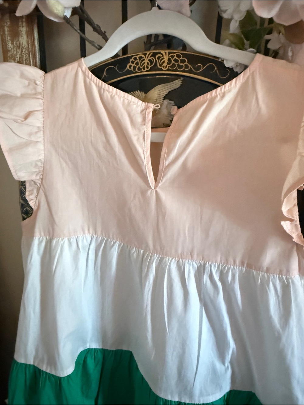 TCEC 100% Cotton Pink White Green Teal Colorblock Tiered Ruffle Sleeve Dress - Picture 8 of 9